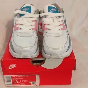 Girls White Pink and Grey Leather Nike Air Max 90 LTR (PS) Size 13y. Worn